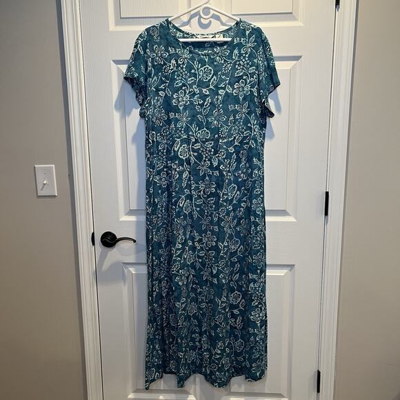 Orvis Dresses & Skirts - Orvis Large Tropical Floral Teal Maxi Dress Short Sleeve Tie Back Modest Prairie